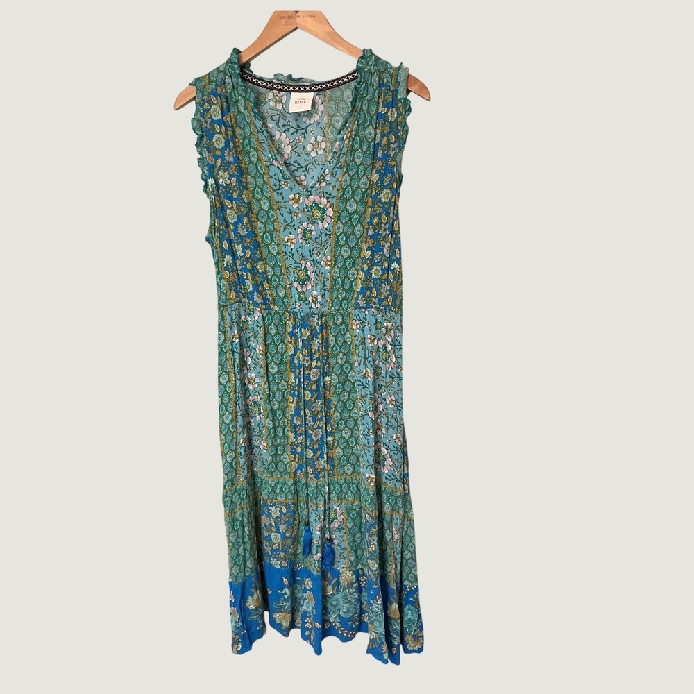 Knox Rose Blue Green Floral Patchwork Maxi Dress Sleeveless Tassel Waist Medium - Picture 2 of 7